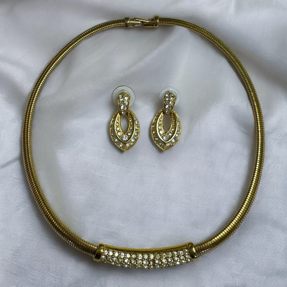 Swarovski Swan Signed Pave Crystal Collar Necklace and Earrings Jewelry Set